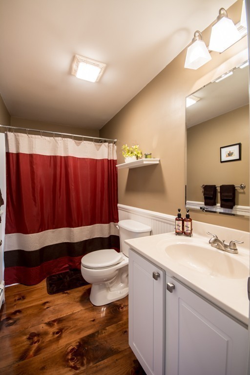 79 Huard Street Fall River, MA 02721 - Photo 21 of 30 a bathroom with a sink a toilet a mirror and shower curtain