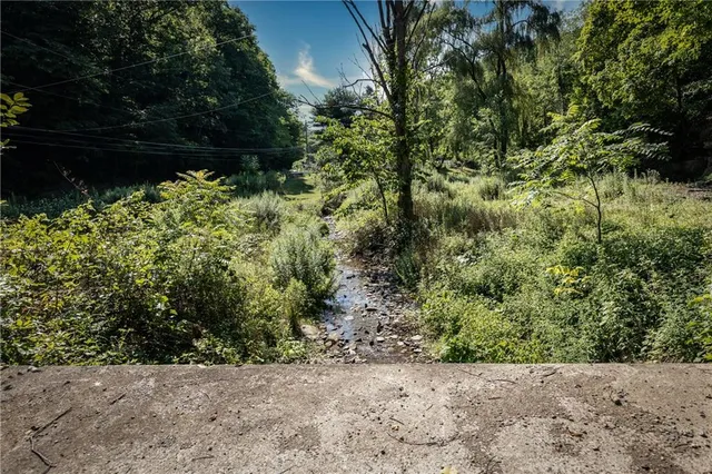 a backyard of a house with lots of green space and fountain