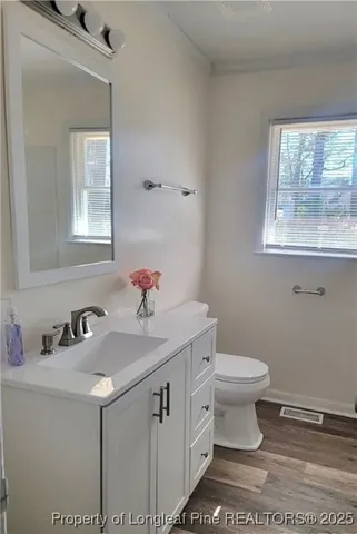 a bathroom with a sink toilet and a window