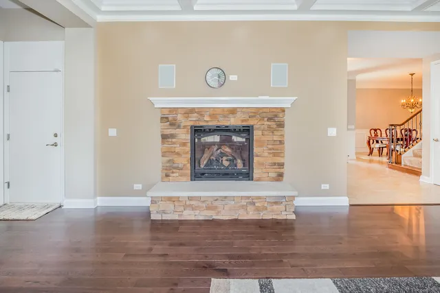a living room with a fireplace