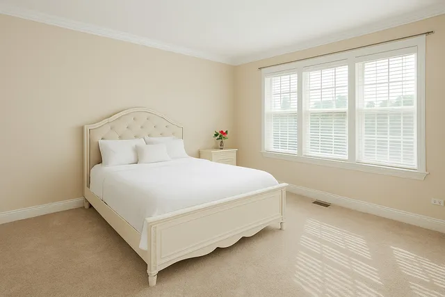 a large bed sitting in a bedroom next to a window