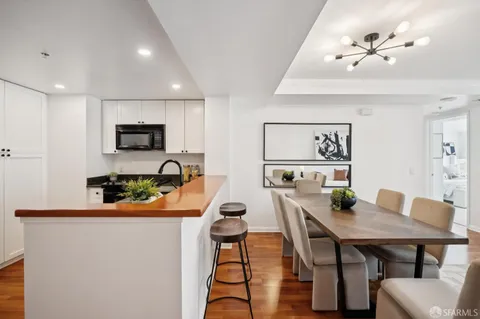 a view of a dining room with furniture
