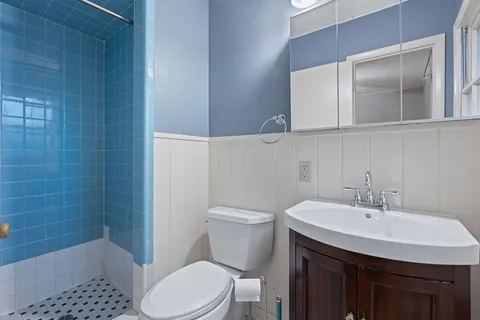 a bathroom with a sink a toilet and shower