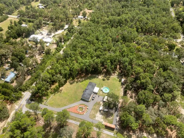 a view of a park with large trees