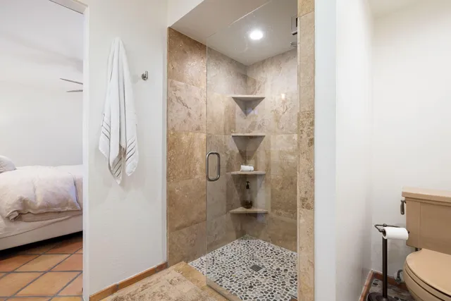 a bathroom with a shower and a toilet