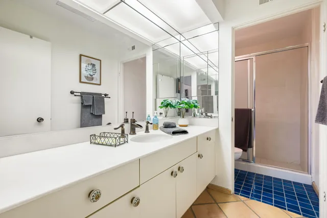 a bathroom with a sink a mirror and a shower