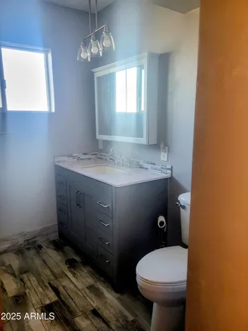 a bathroom with a sink toilet and mirror