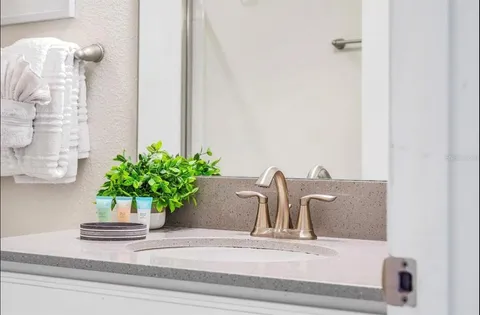 a bathroom with a potted plant