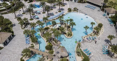 an aerial view of a swimming pool