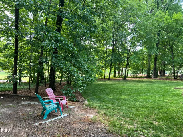 a view of a wooden bench sitting in the middle of a park