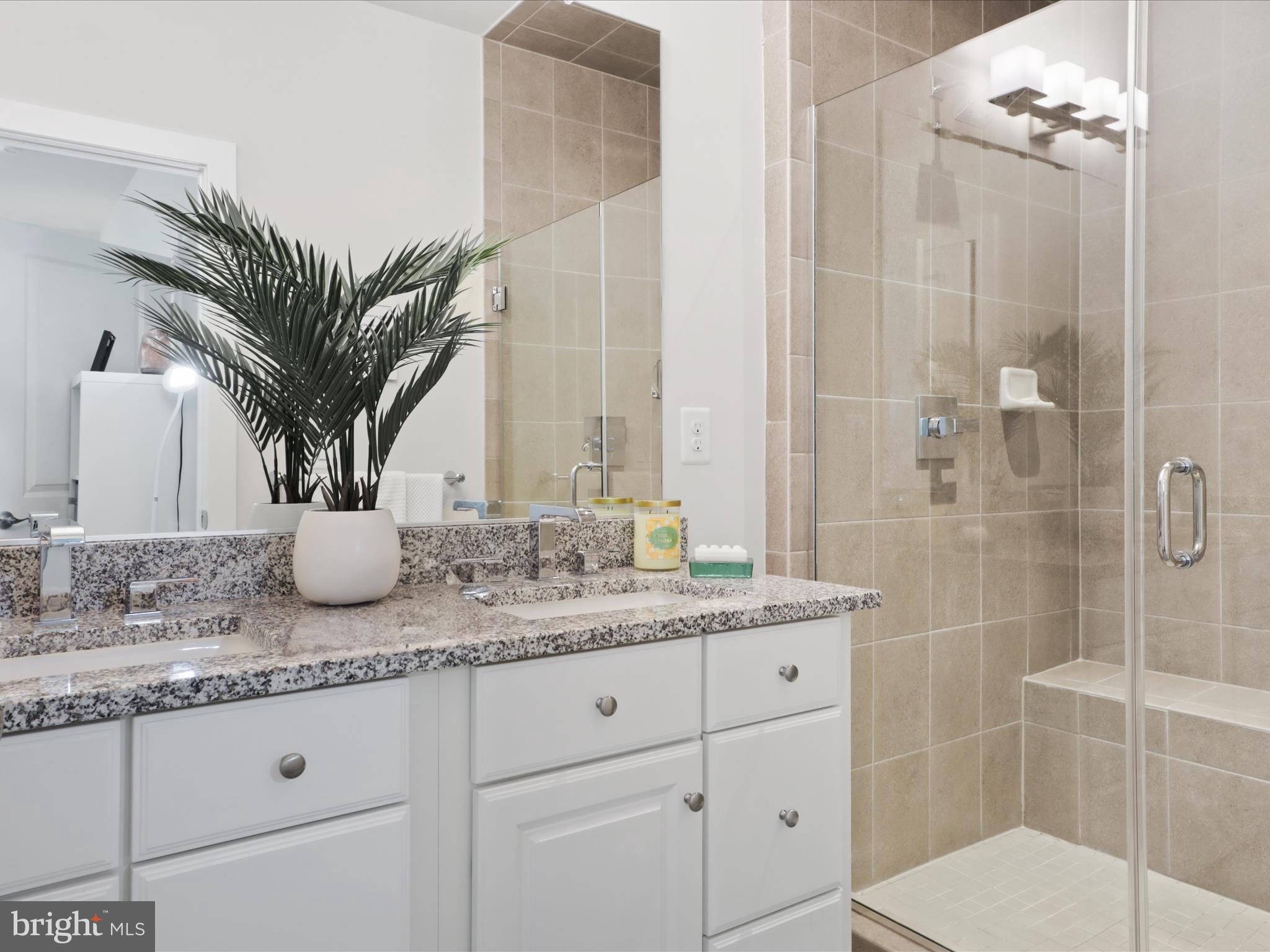5742 10th Road North Arlington, VA 22205 - Photo 25 of 44 a bathroom with a granite countertop sink a mirror and shower