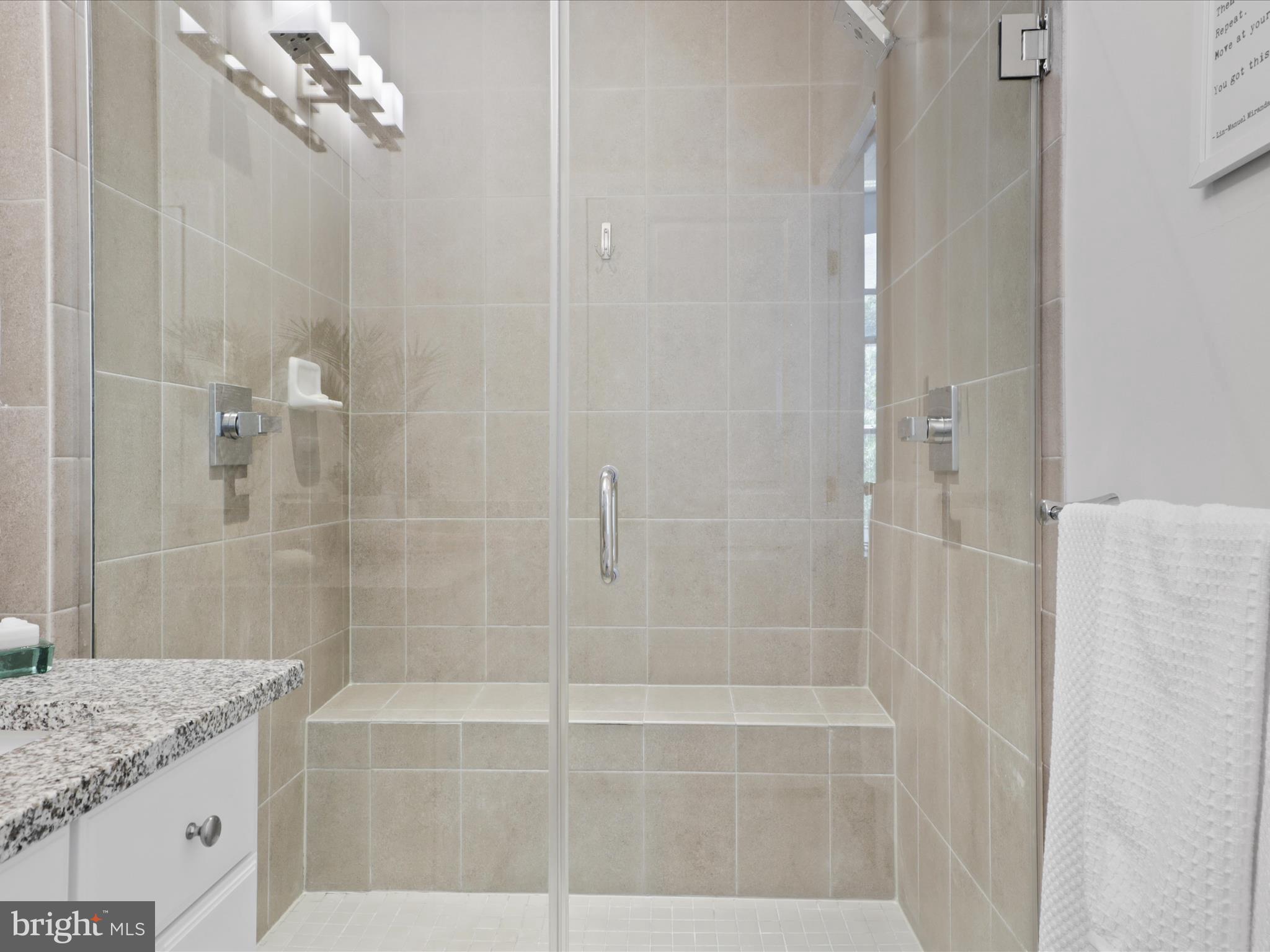 5742 10th Road North Arlington, VA 22205 - Photo 26 of 44 a bathroom with a granite countertop shower a mirror and a shower