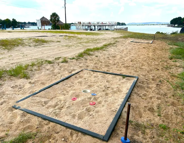 a park with water view and palm trees