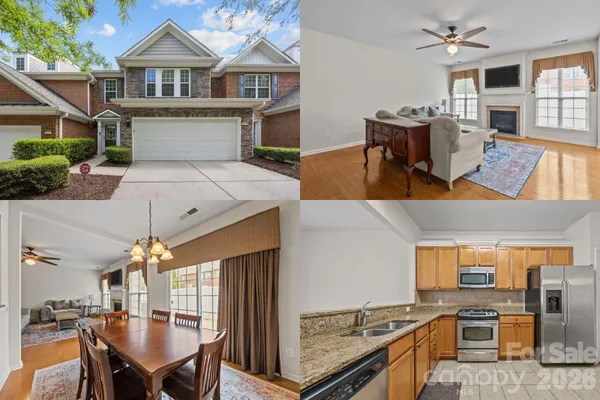 a kitchen with stainless steel appliances granite countertop a stove refrigerator and a view of living room