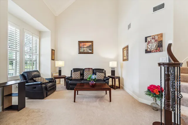 a living room with furniture and a potted plant