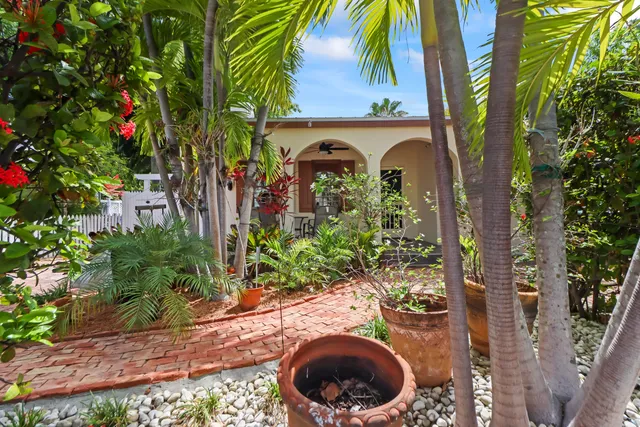 a view of a house with plants and flowers