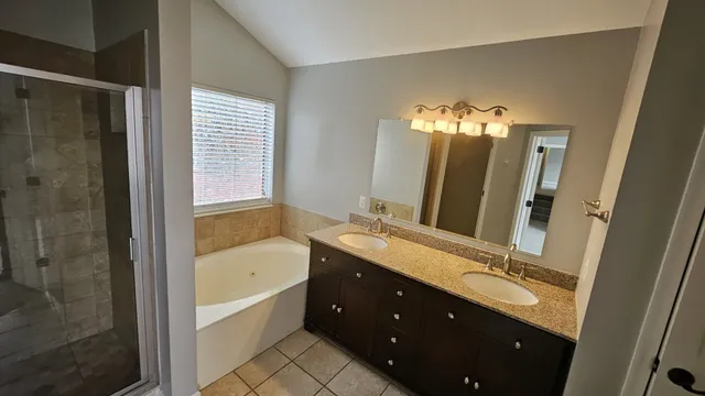 a bathroom with a double vanity sink mirror and shower