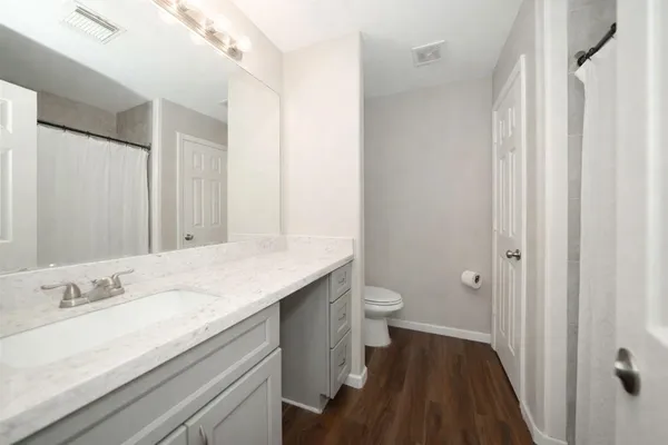 a bathroom with a granite countertop sink a toilet and a large mirror