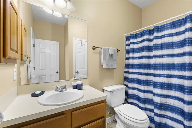 a bathroom with a sink a toilet a mirror and shower curtain