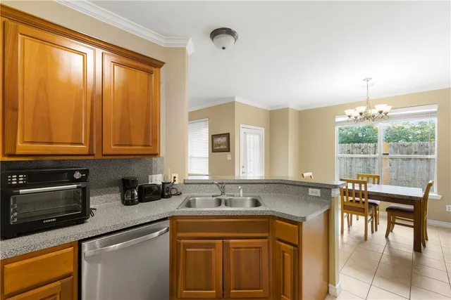 a kitchen with a sink a counter cabinets and appliances