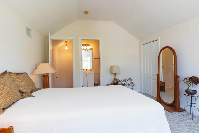 a bedroom with a bed and a potted plant