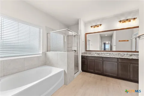 a bathroom with a tub a double vanity sink and a large mirror