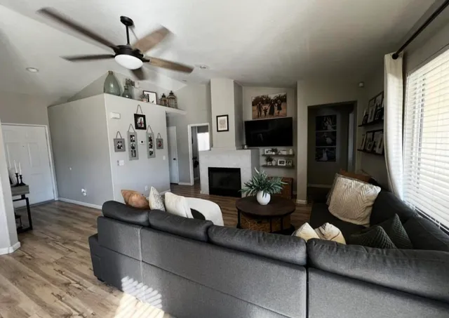 a living room with furniture potted plant and a fireplace