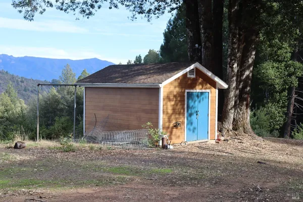 a front view of house with yard and trees around