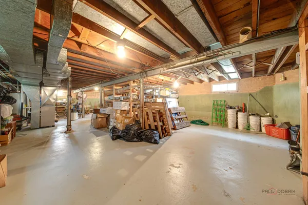 a view of a garage with storage