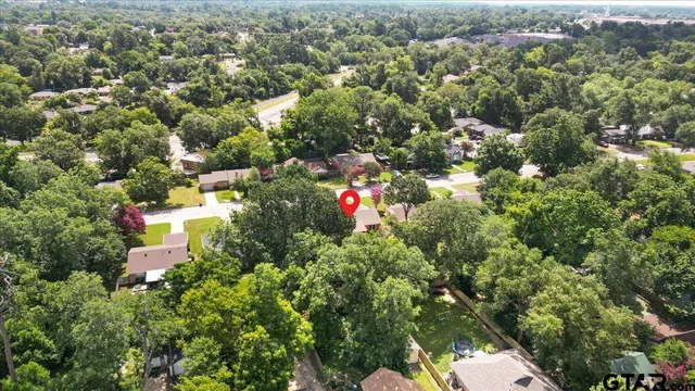 an aerial view of residential houses with outdoor space and trees
