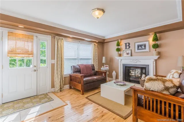 a living room with furniture and a fireplace