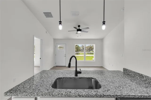 a kitchen with a sink a counter top space and cabinets