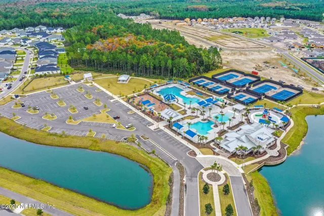 an aerial view of a swimming pool