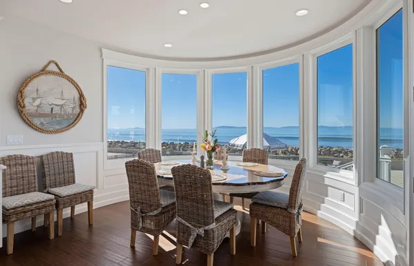 a view of a dining room with furniture window and wooden floor