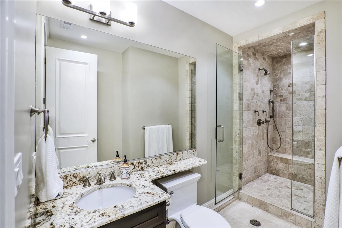 1445 West Wolfram Street Chicago, IL 60657 - Photo 60 of 69 a bathroom with a granite countertop sink toilet and shower
