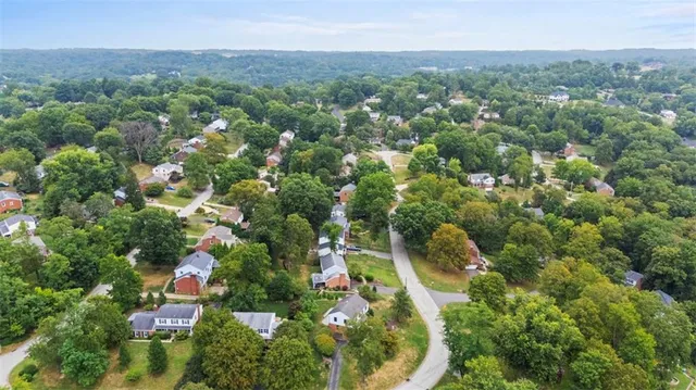 an aerial view of residential houses with outdoor space and trees