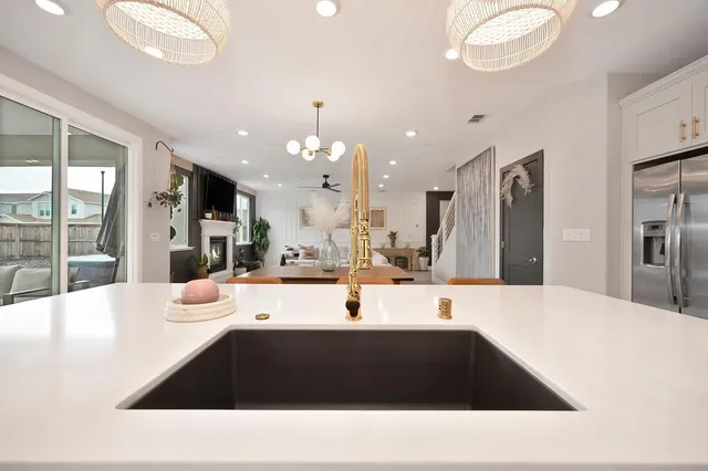 a living room with furniture and a potted plant
