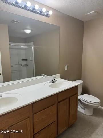 a bathroom with a sink a toilet a mirror and vanity