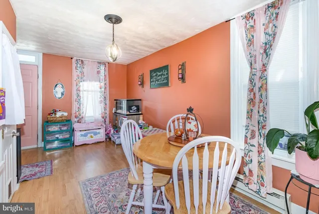 a view of a dining room with furniture window and wooden floor