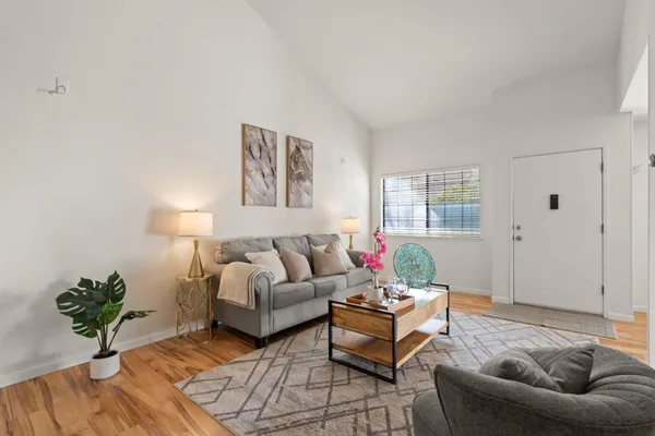 a living room with furniture and a potted plant