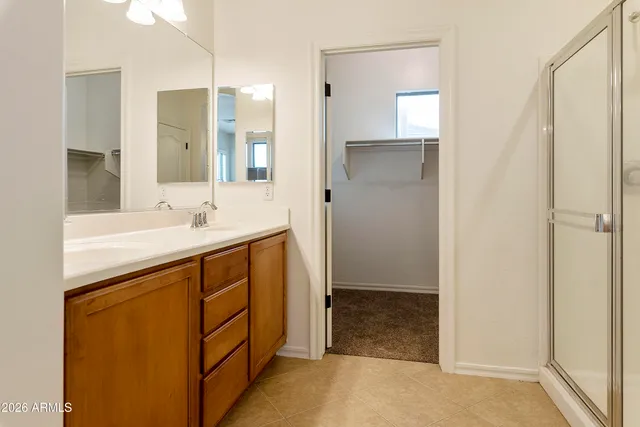 a bathroom with a sink a mirror and a shower