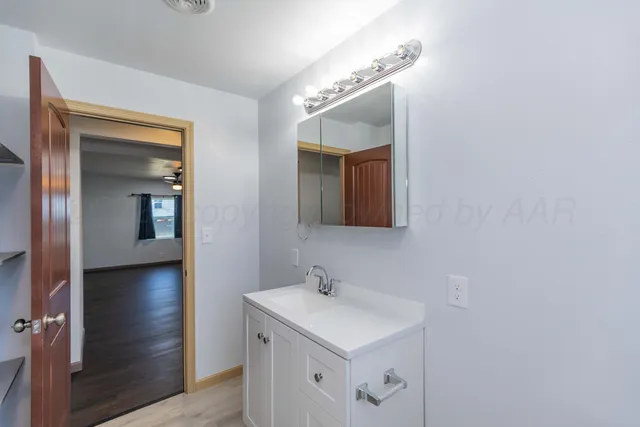 a bathroom with a sink and a mirror