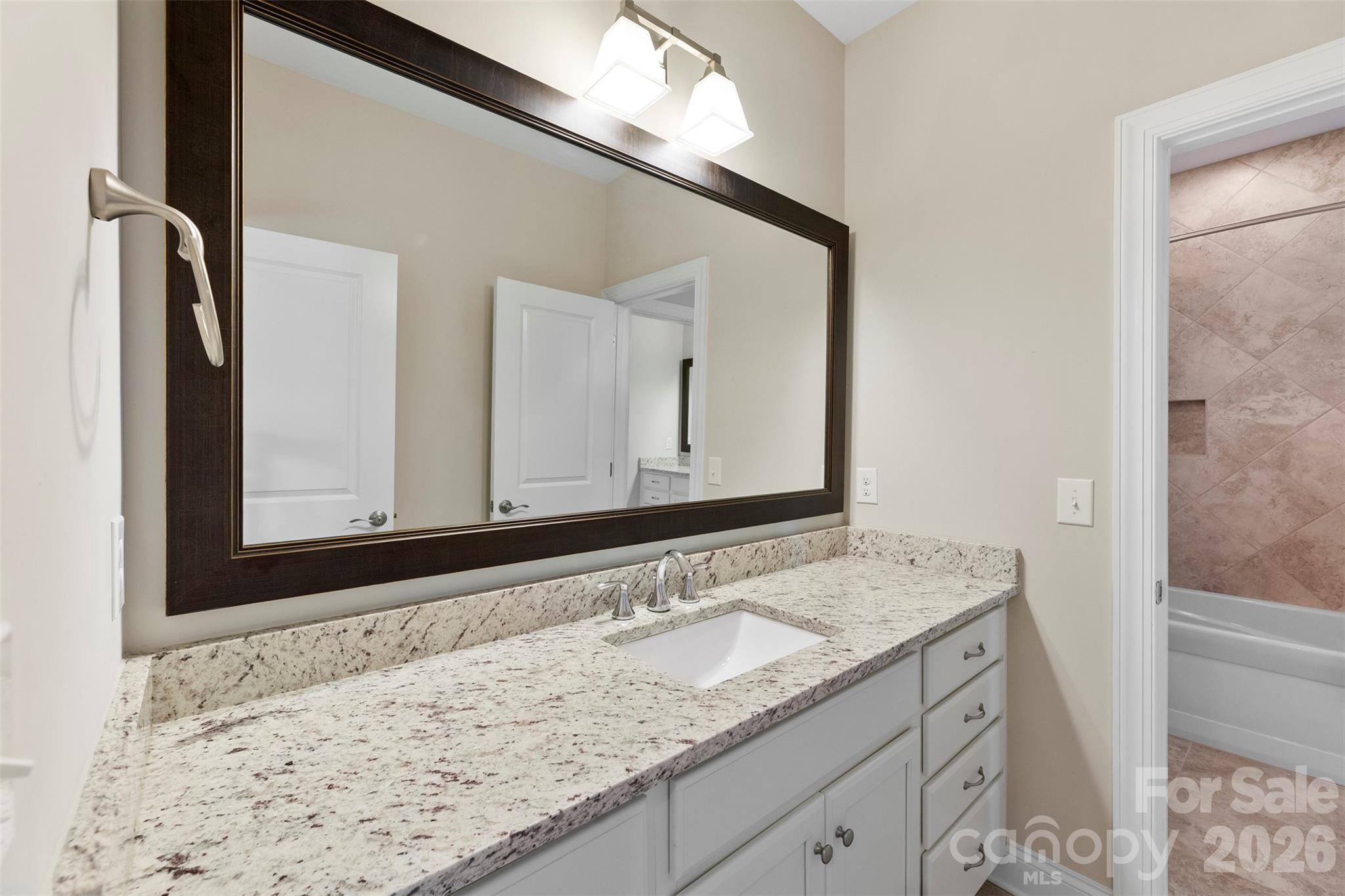 6065 Chimney Bluff Road Lancaster, SC 29720 - Photo 28 of 43 a bathroom with a granite countertop sink and a mirror