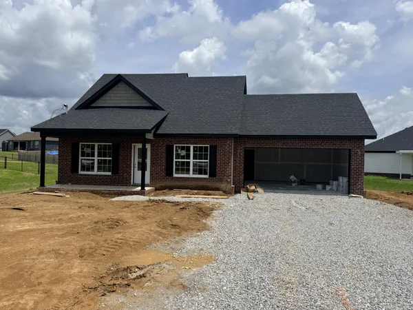 a front view of a house with a yard and parking space