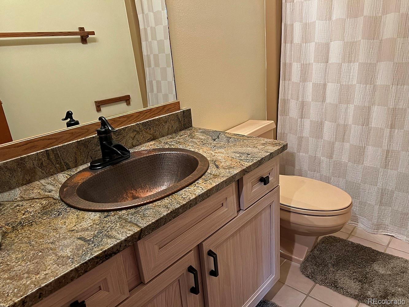 1680 Ranch Road, Unit 203 Steamboat Springs, CO 80487 - Photo 23 of 25 a bathroom with a granite countertop sink a toilet and mirror