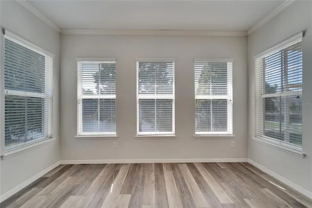 a view of empty room with wooden floor and fireplace