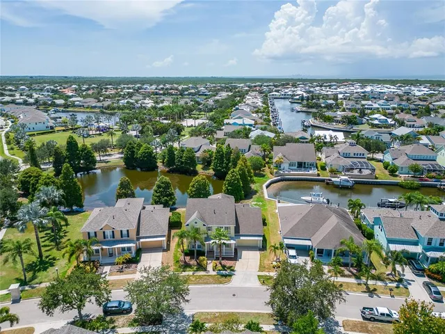 an aerial view of residential house with outdoor space and swimming pool