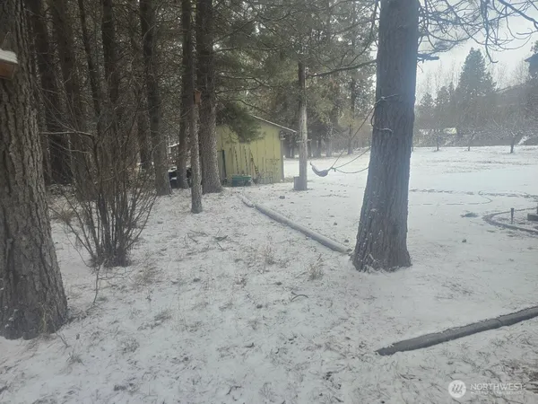 a view of a yard with wooden fence and trees