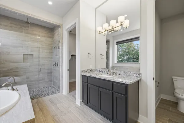 a bathroom with a granite countertop sink a toilet and shower
