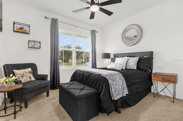 a bedroom with a bed couch and window
